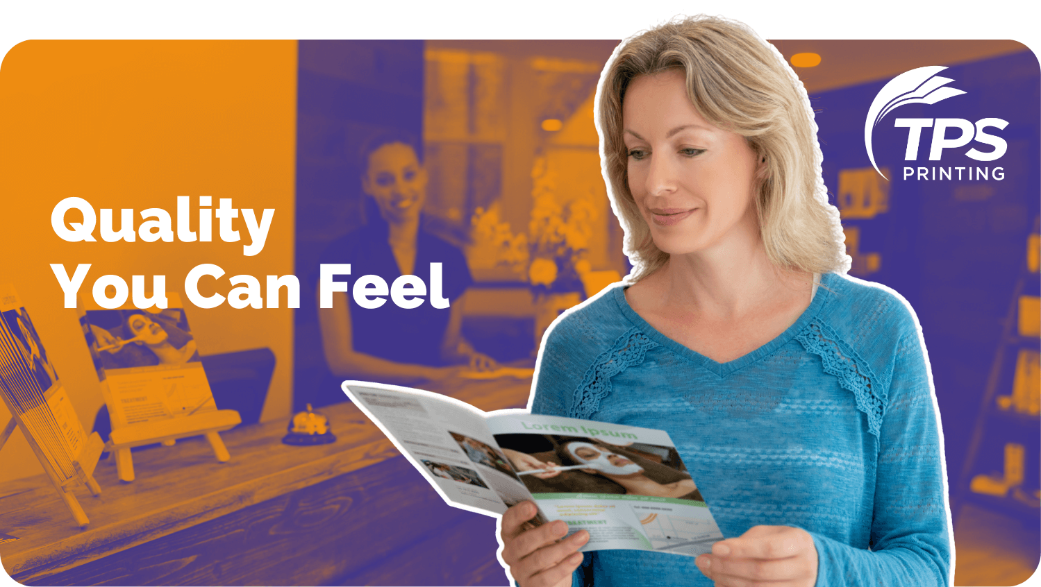 A happy customer reading a high quality printed booklet
