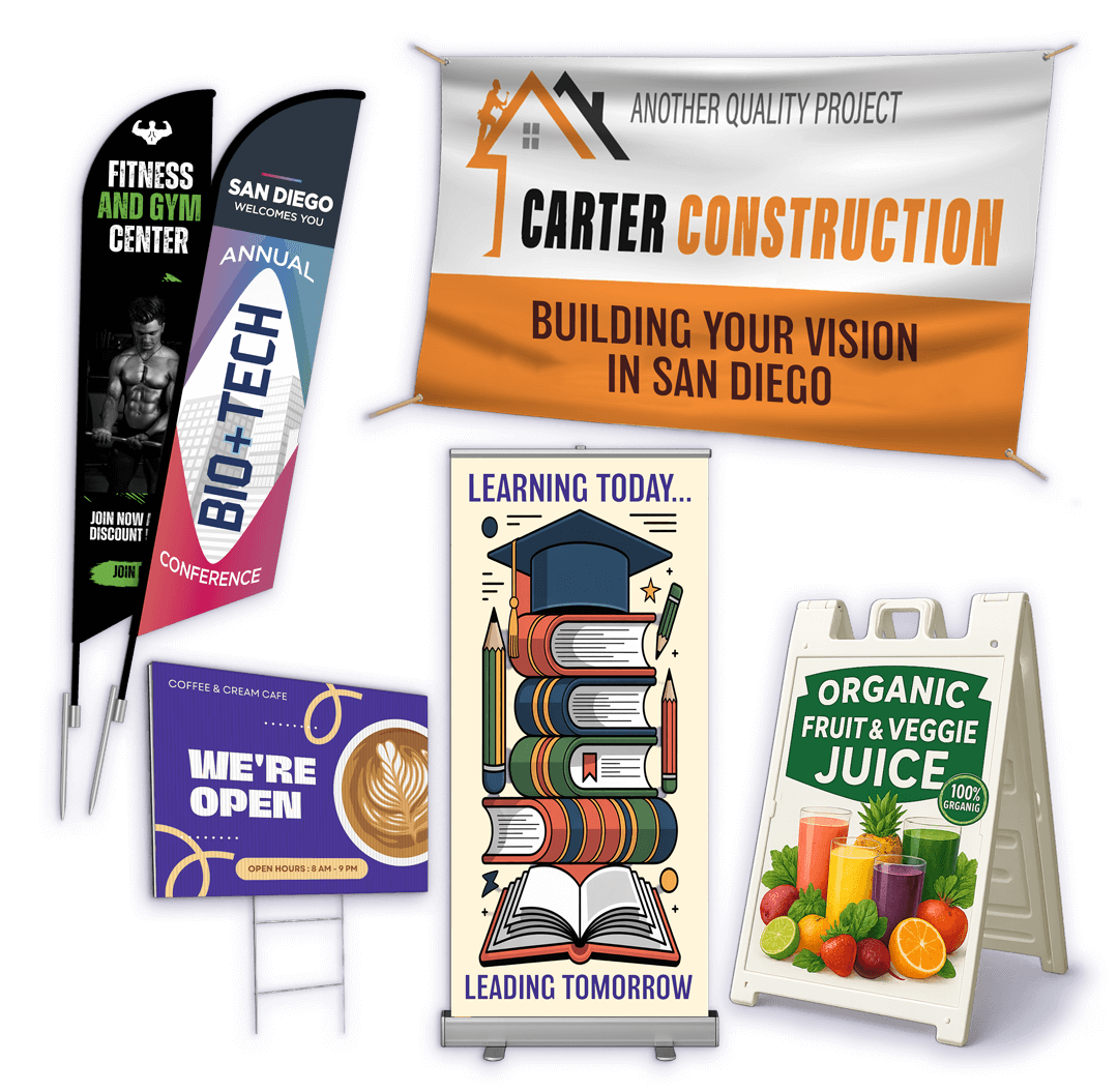 Variety of custom printed signs including feather flags, vinyl banners, retractable banners, A-frame signs, and event signage by TPS Printing in San Diego