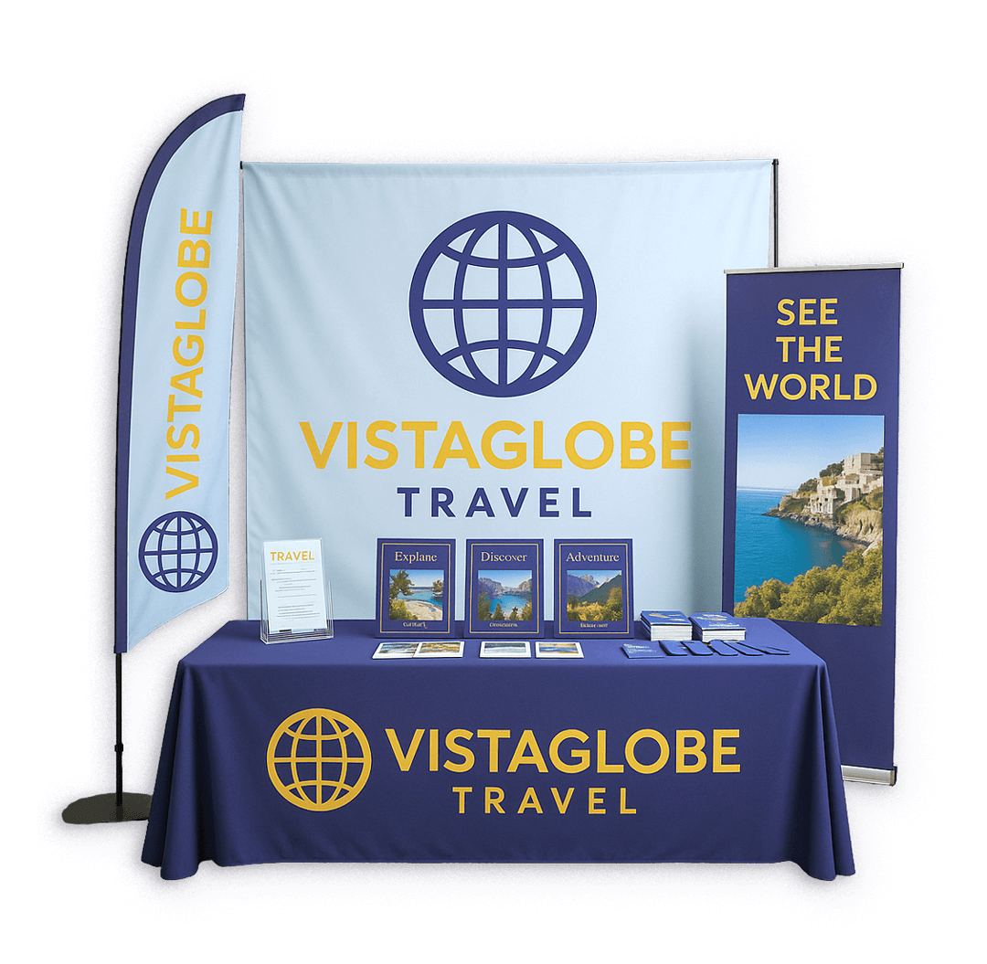 Trade-show-Vista-Globe2-1 VistaGlobe Travel trade show booth with retractable banner, backdrop, and branded table cover printed by TPS Printing