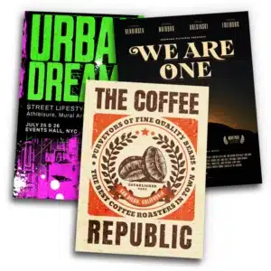 Large-format event and retail posters printed by TPS Printing, including magazine-style and brand promotional designs