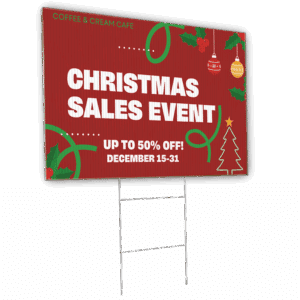 Red yard sign advertising a Christmas sales event, printed by TPS Printing in San Diego