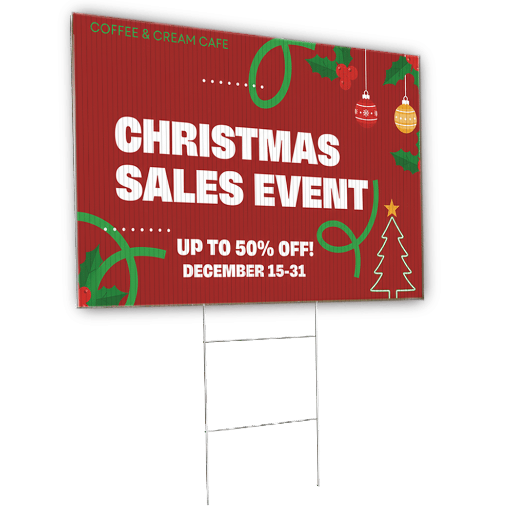 Red yard sign advertising a Christmas sales event, printed by TPS Printing in San Diego