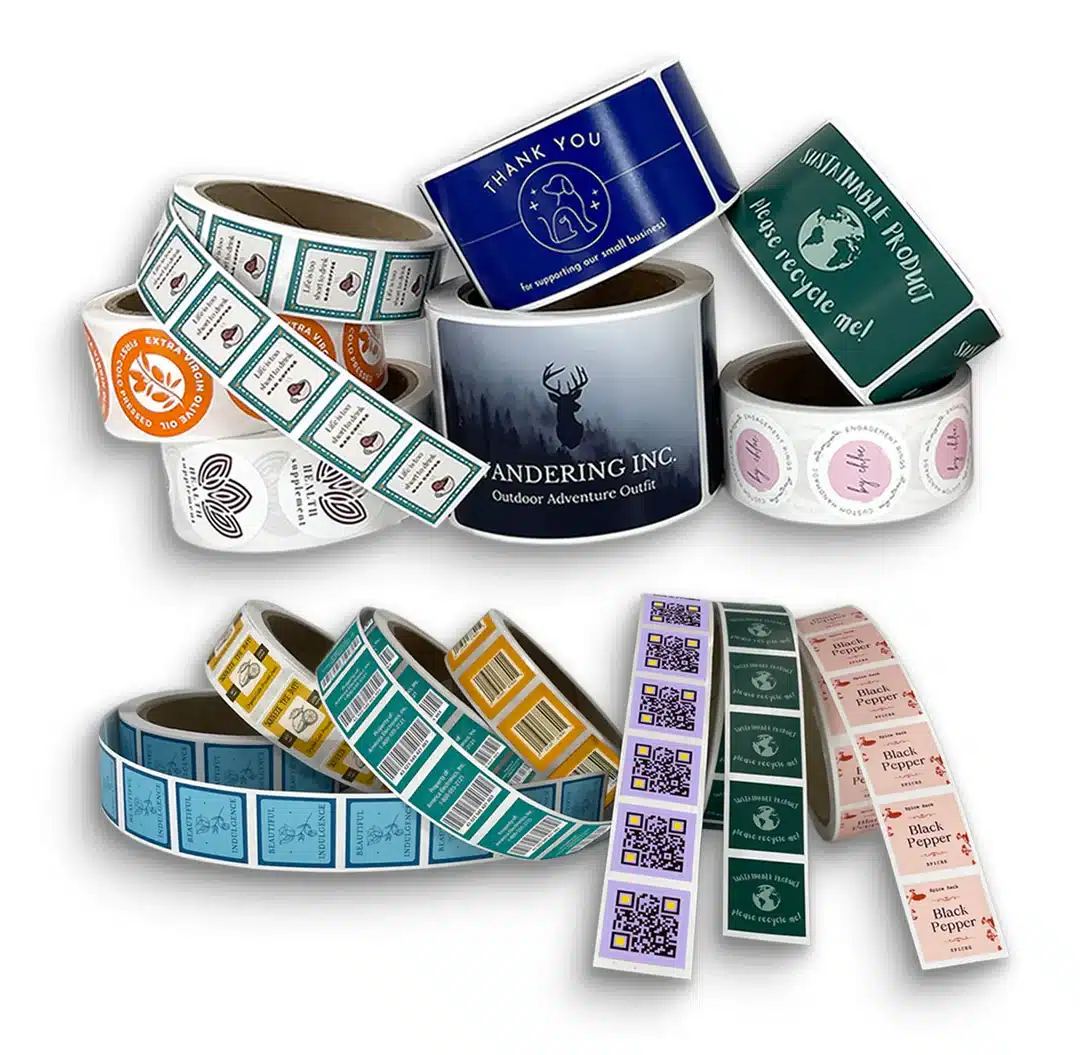 Assorted custom roll labels printed by TPS Printing, including thank you stickers, sustainable product labels, barcode and QR code labels, and product branding labels