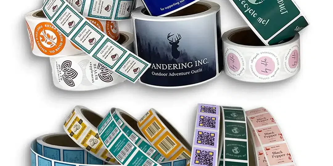 Assorted custom roll labels printed by TPS Printing, including thank you stickers, sustainable product labels, barcode and QR code labels, and product branding labels